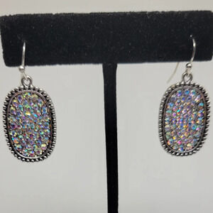 Iridescent Rhinestone 1" x 0.5" Silver Tone Earrings